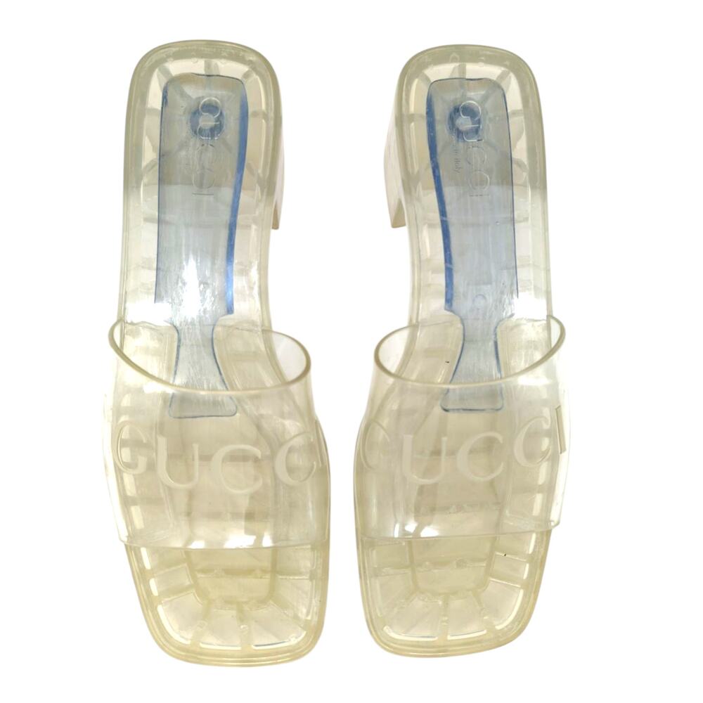 Gucci Clear Jelly Sandals Logo Square Toe Block Heel EU 38 US 8